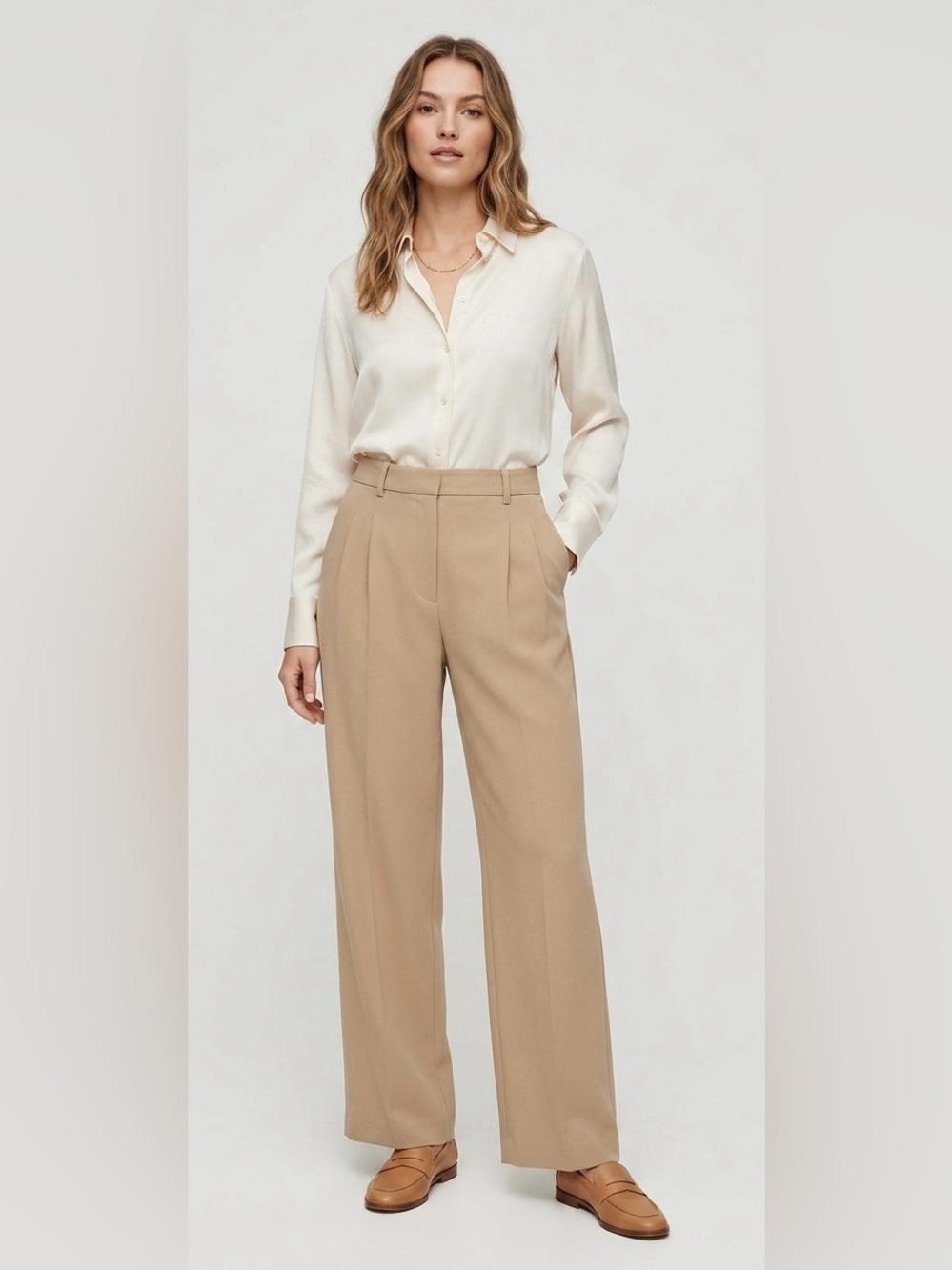 Aritzia Wilfred The Effortless Pant Pleated Wide Leg Tan Beige Trouser Size 6